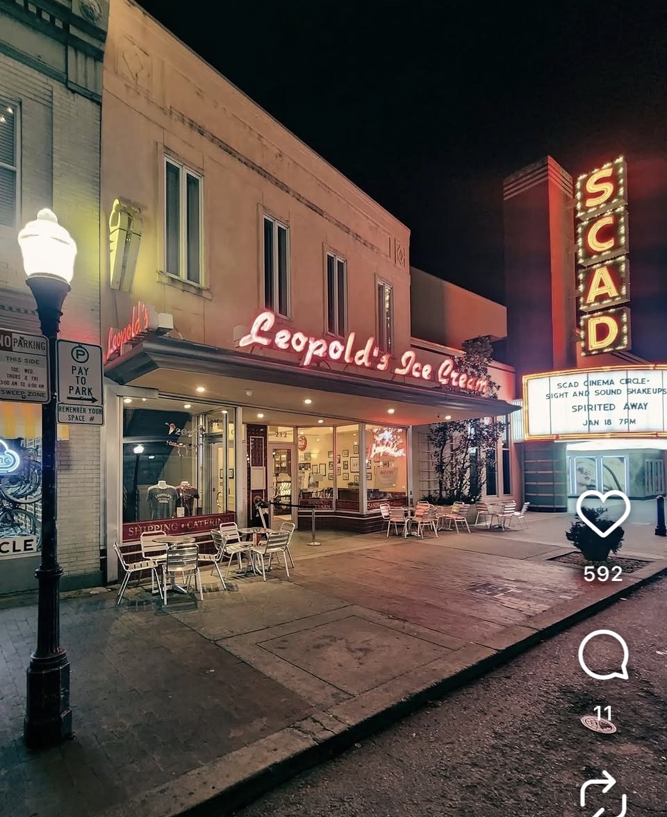 Leopold's Ice Cream SCAD marquee at night